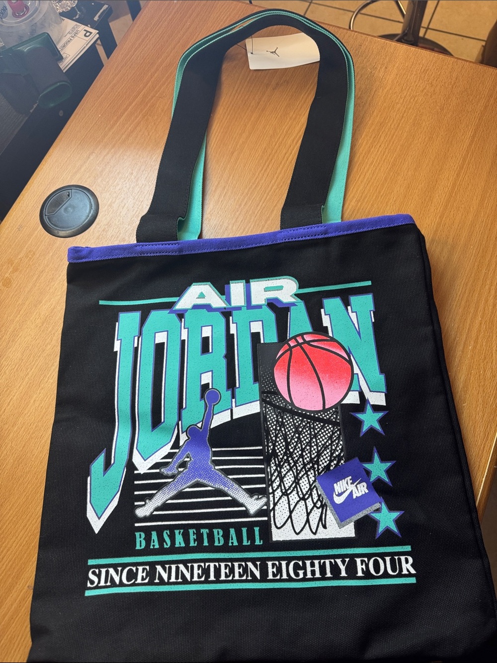 Jordan Black Tote Bag with Teal and Purple Accents